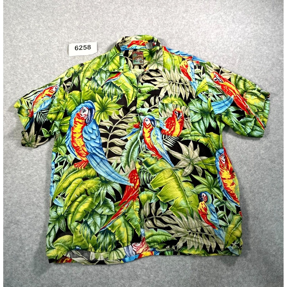 Pineapple Connection Shirt Mens XL Green Rayon Parrot Tropical Hawaiian Casual